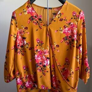 Beacon 3/4 sleeve floral top - Burnt Orange with fuchsia & yellow print